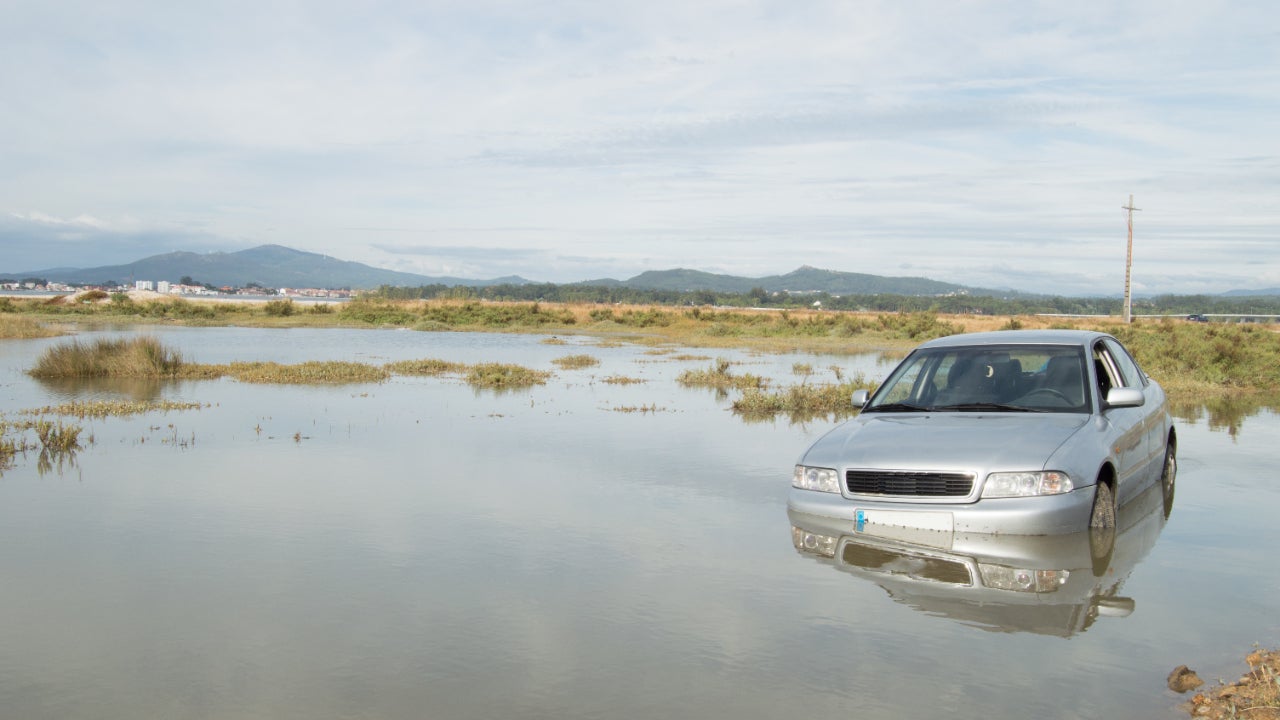 Silver sedan caught in flooded field