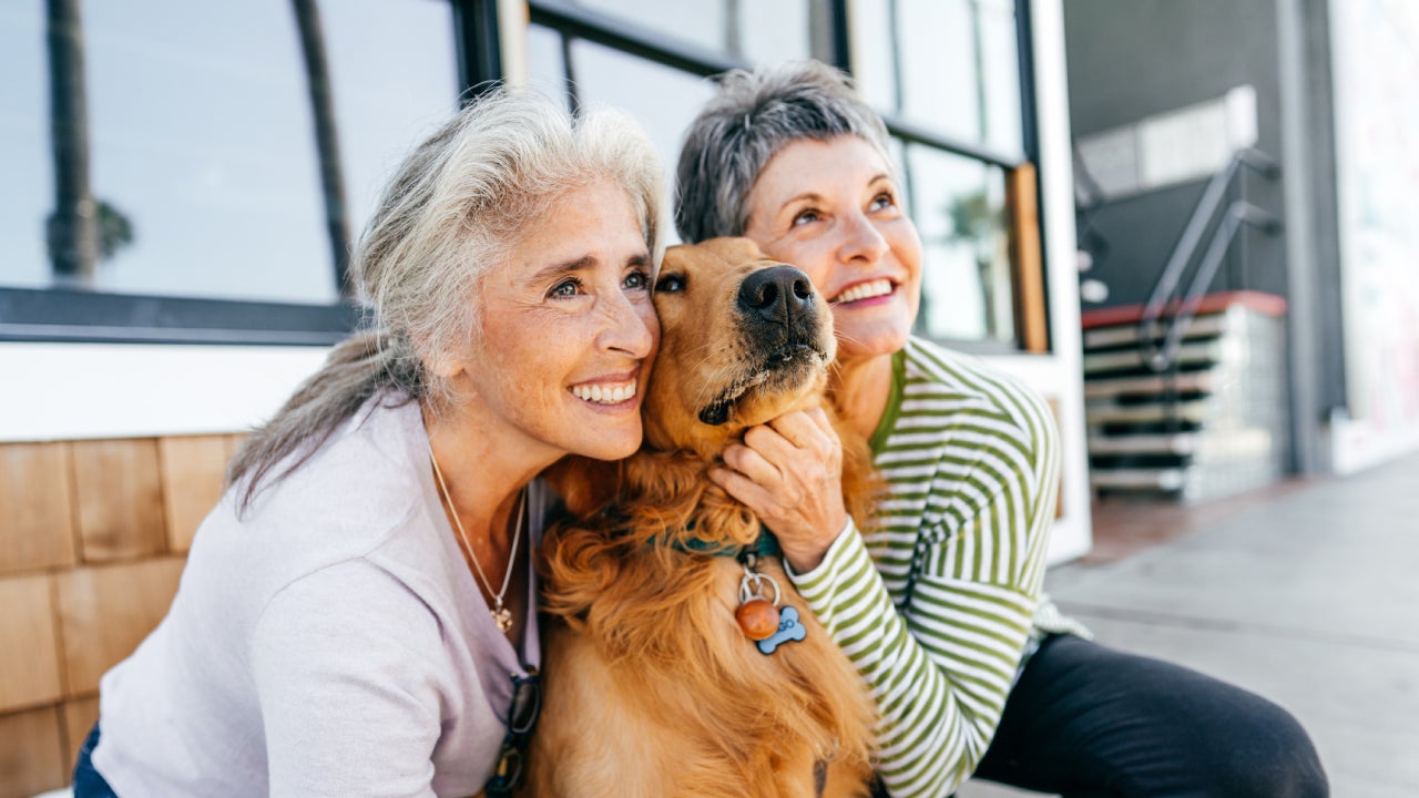 Two older ladies pose for a picture next to their golden retriever.