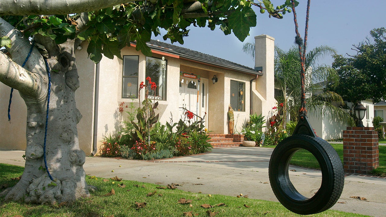 Home and yard with tire swing