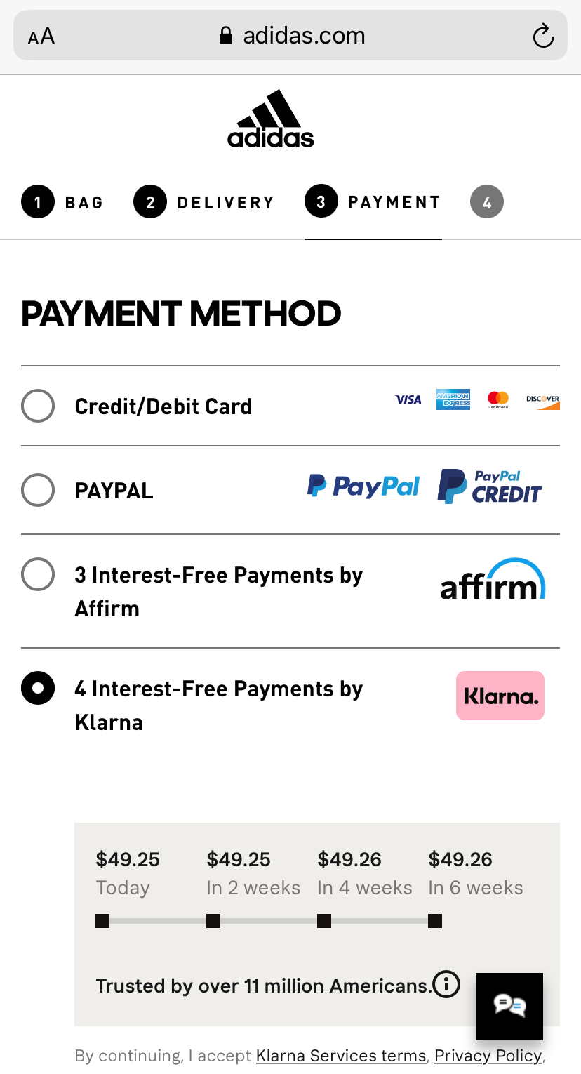Screenshot of the Klarna app showing how a user can pay in installments with no fee