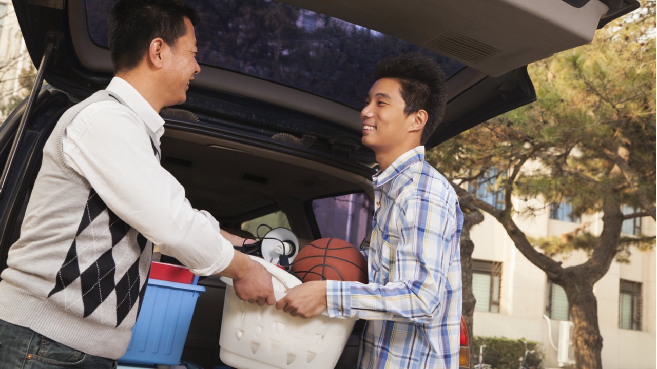 Father and son unpack from the back of a car