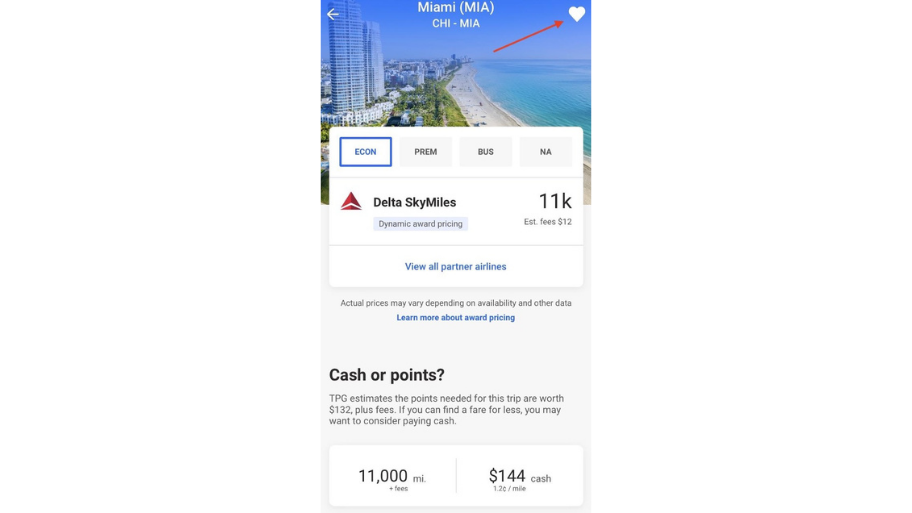 Screenshot of The Points Guy app flight bookingpage