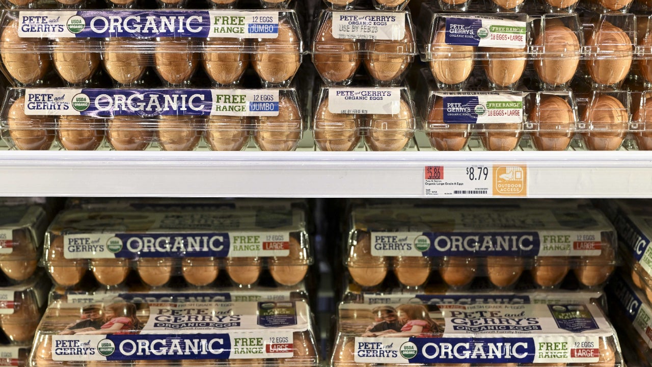 Picture of cartons of eggs in a grocery store