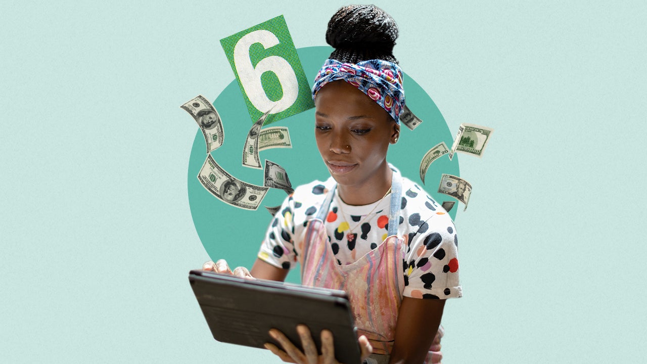 Young woman on laptop with illustrations of money coming out of it