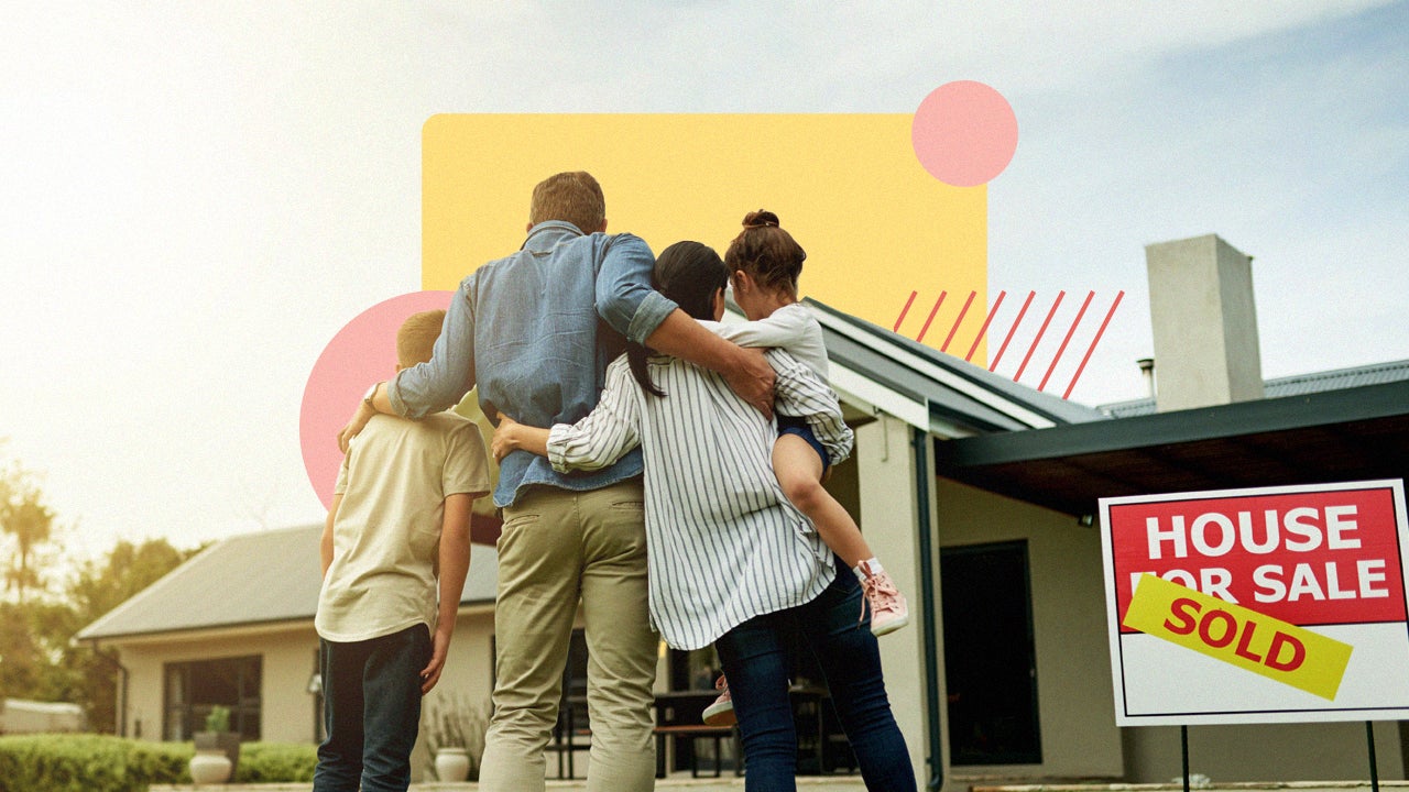 Illustrated collage of a family in front of a home