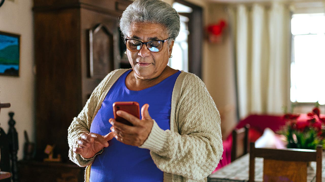 Elderly woman connected to the internet at home