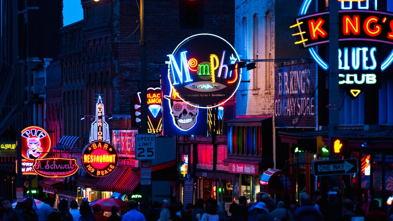 Nighttime view of the neon signs on Memphis