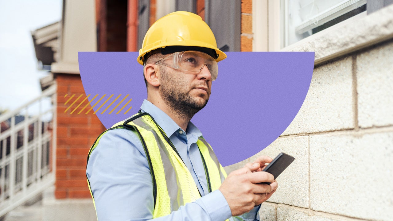 A home inspector wearing a safety vest, safety goggles, and a hard hat taking notes on a property they are about to evaluate. There are some shapes in the background and design elements to make the image pop.