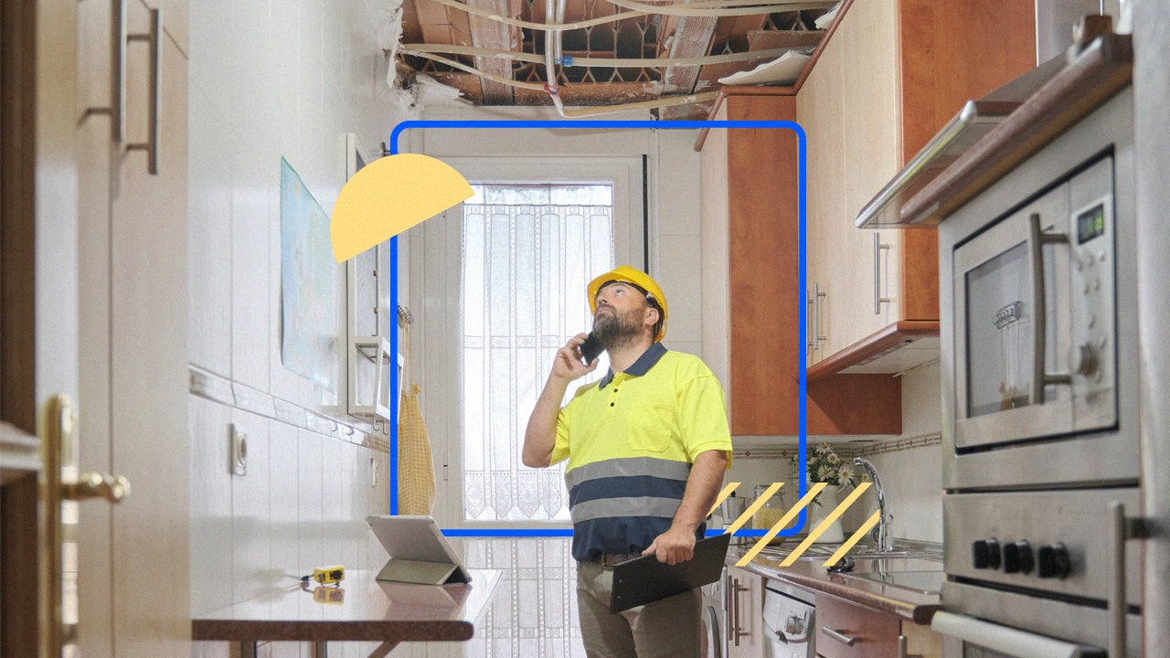 A home inspector assessing damage in a house with an exposed roof.