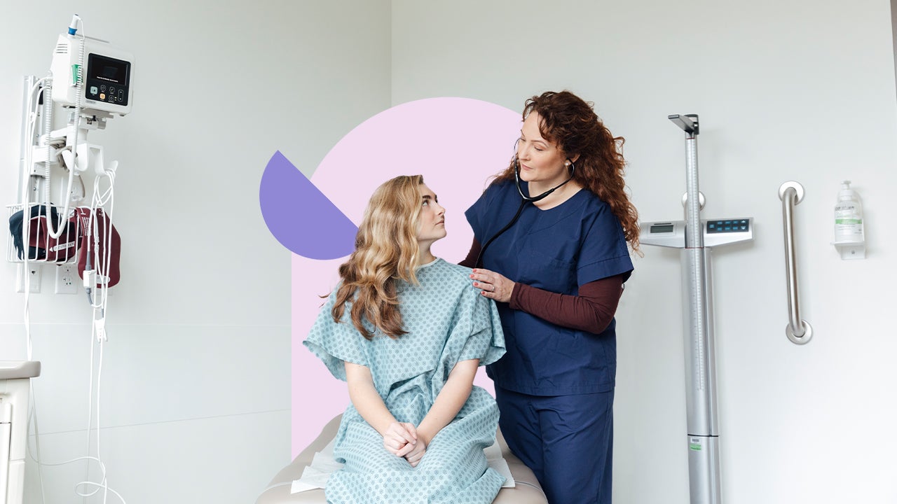 Illustration of a young female patient getting her heart checked by a nurse in a doctor's office