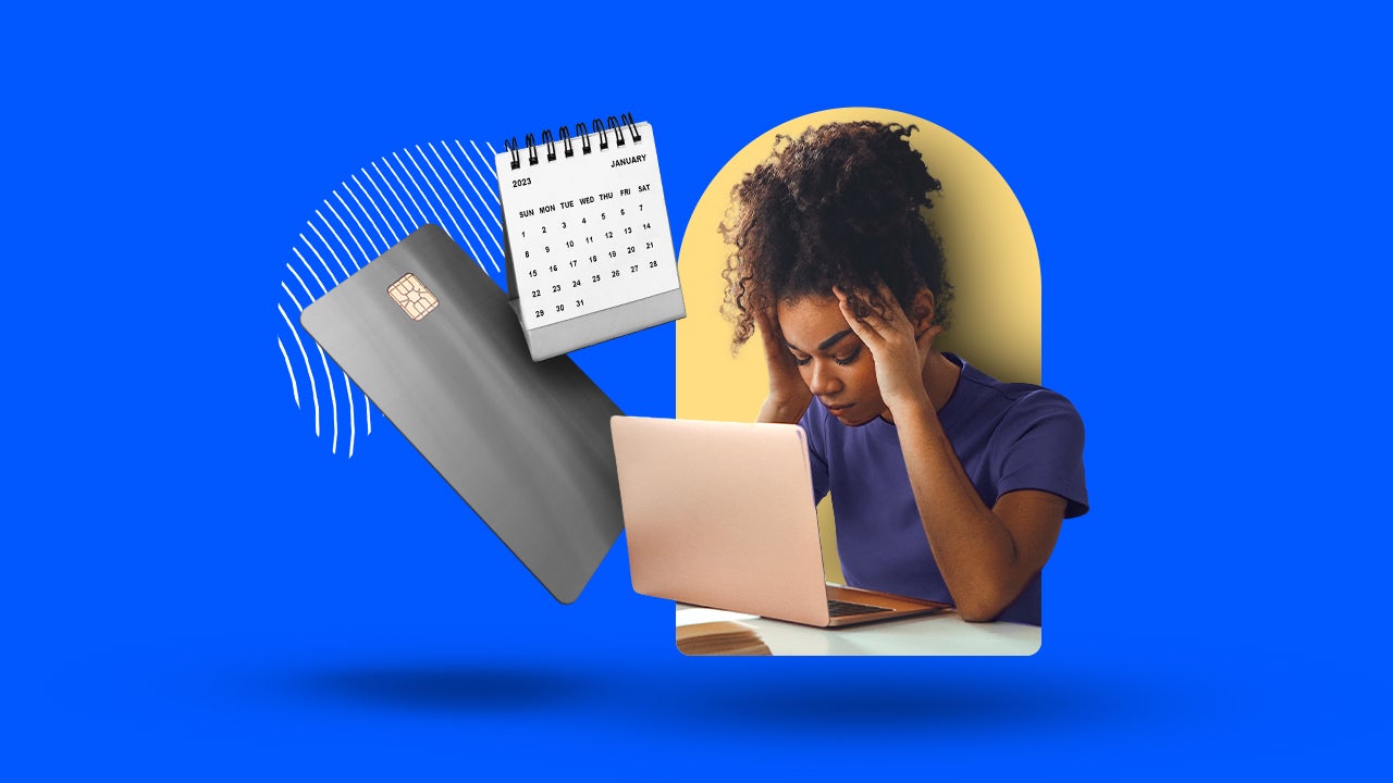 a young women holding henads up to her head surrounded by a calendar and credit card