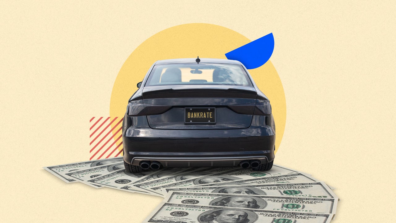 Car shot from the rear with illustrated money as a road with a yellow background and orange circle in front of the car