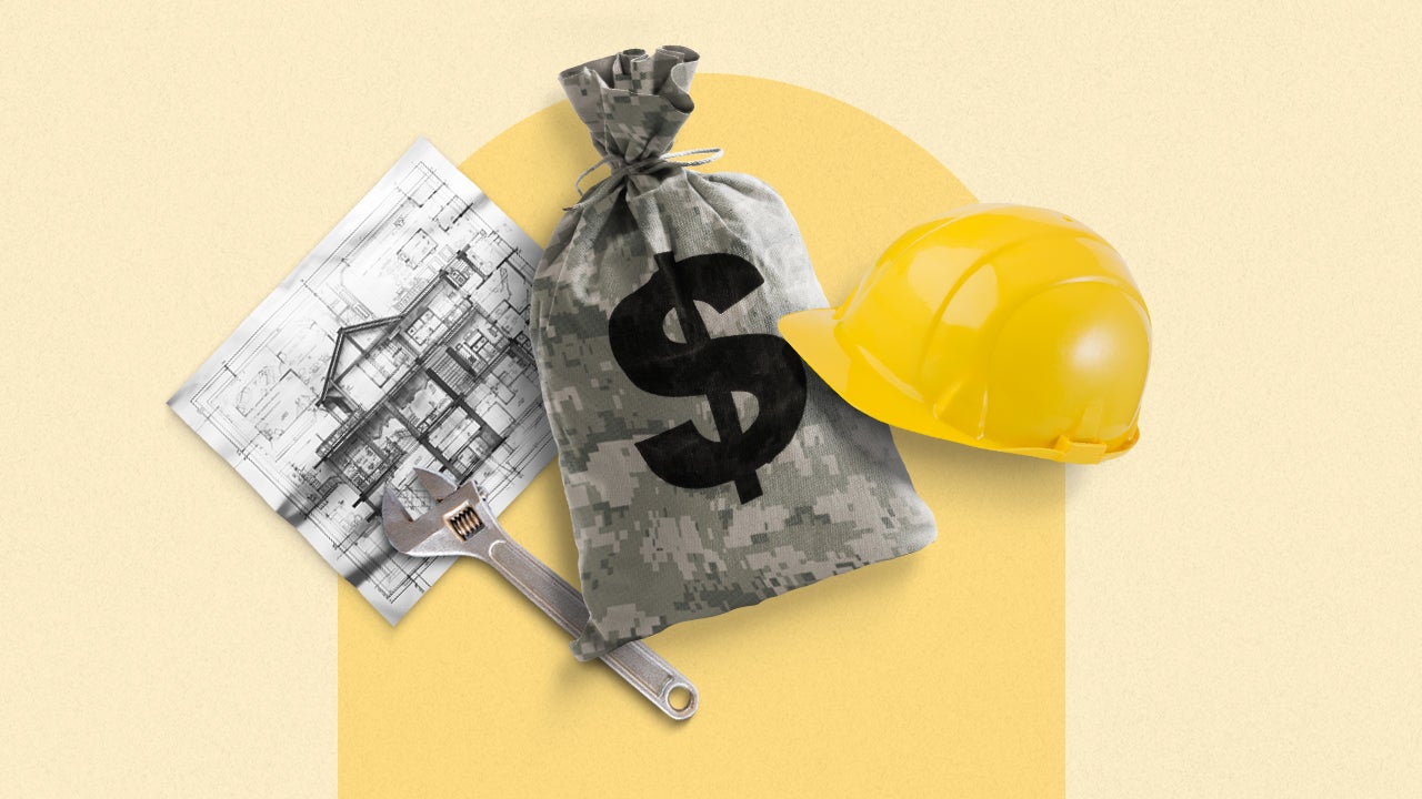 Collage featuring a bag of money, a construction hat and architectural plans