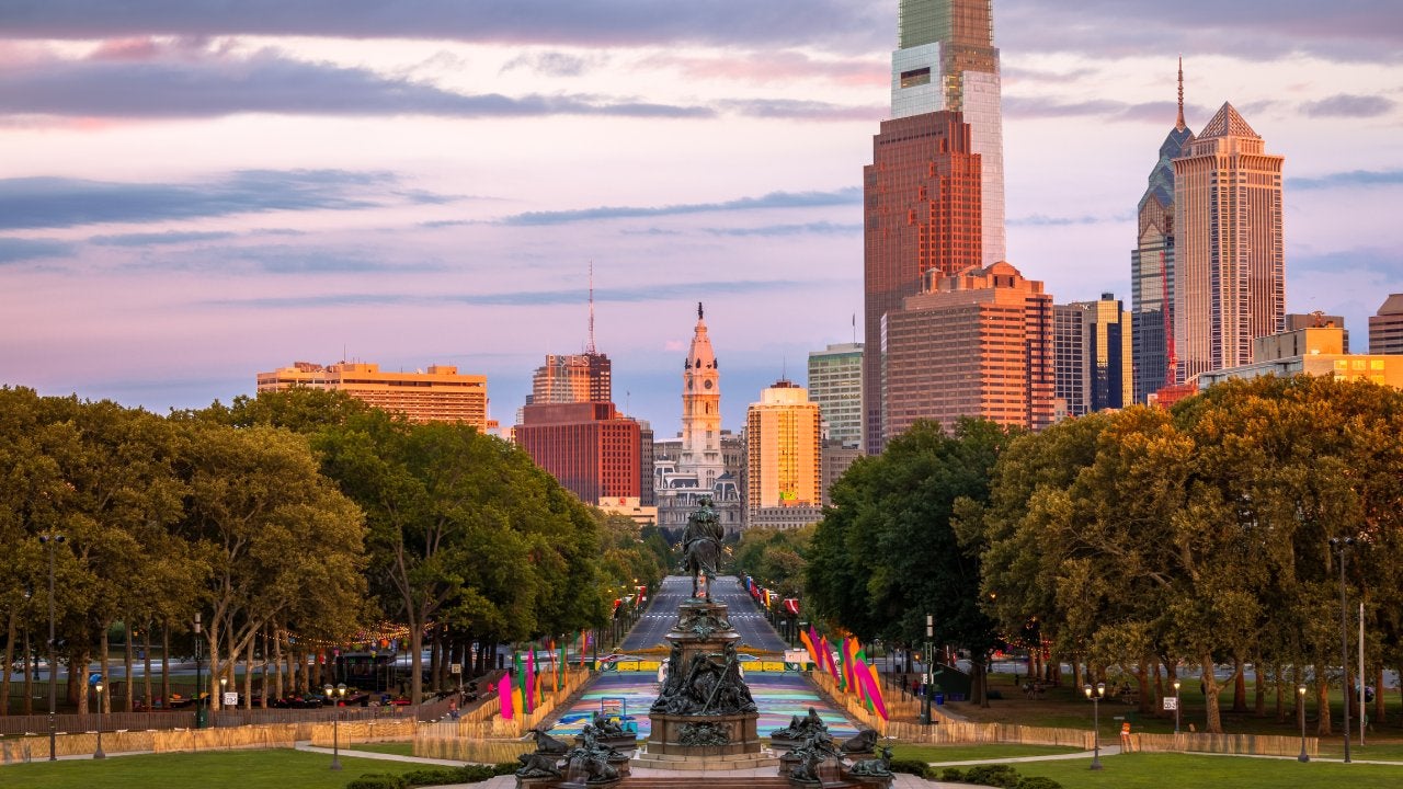 Sunset from Rocky Steps, City Hall, Fountain, Philadelphia, Pennsylvania