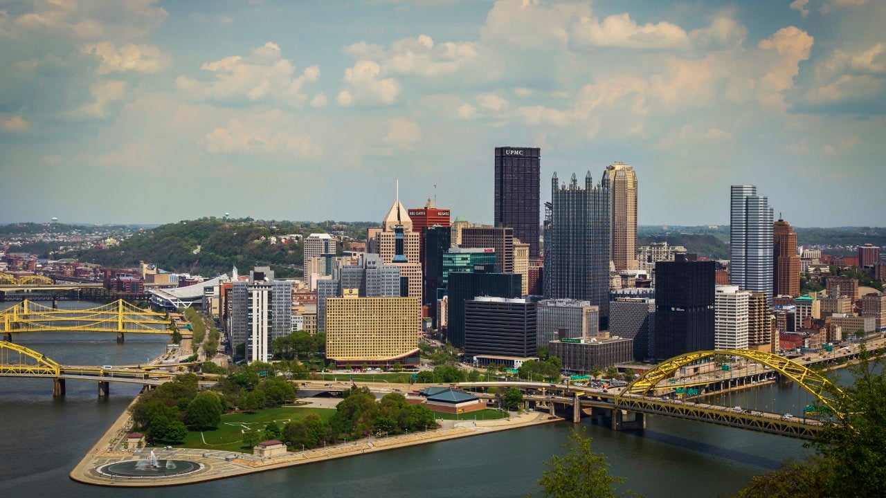 Aerial view of Pittsburgh, Pennsylvania, with a focus on the