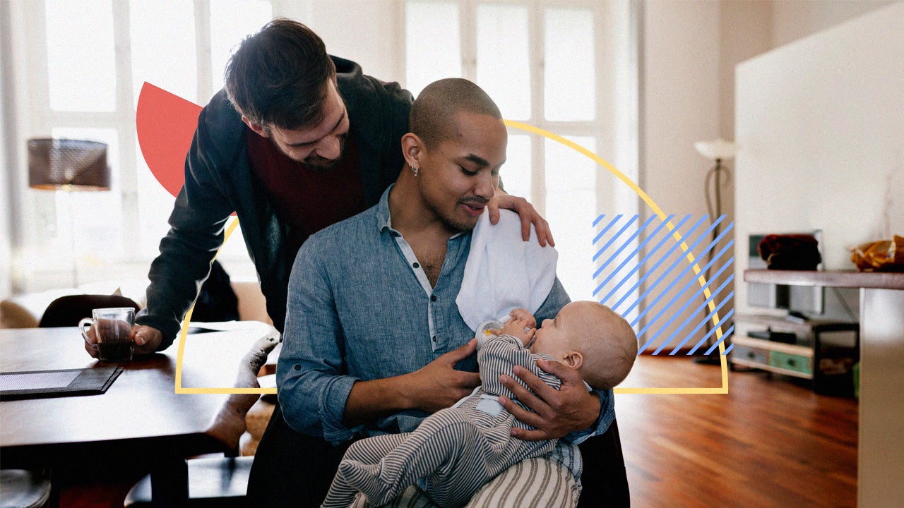 A gay couple taking care of a baby.