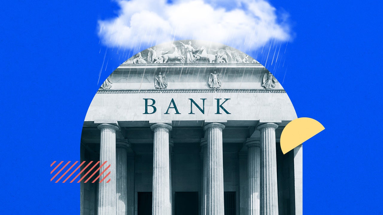 Illustration of a bank juxtaposed against a whimsical skyline