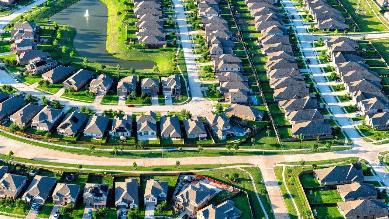 Aerial view of a large suburban housing subdivision located just south of Houston Texas shot from an altitude of about 800 feet during a helicopter photo flight.