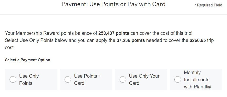 screenshot of paying with points and cash on amex travel