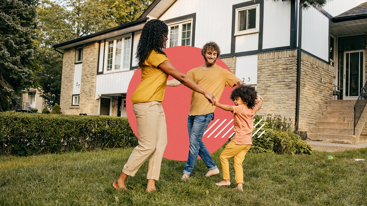 Illustrated collage featuring a family holding hands and playing in a yard