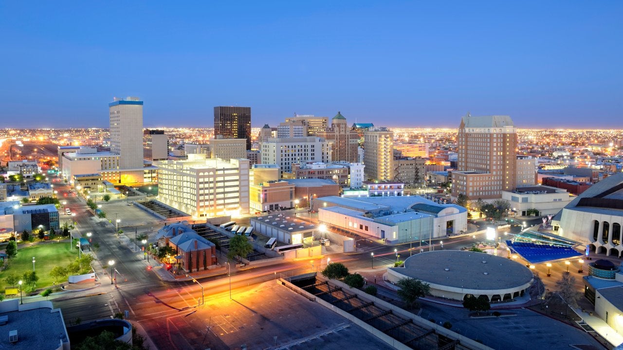 Downtown El Paso Texas skyline seen just after sunset.