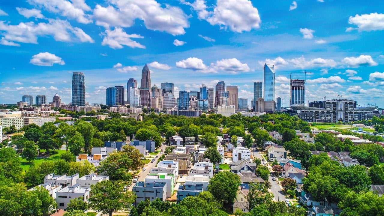 Drone Aerial of Downtown Charlotte, North Carolina, NC, USA Skyline