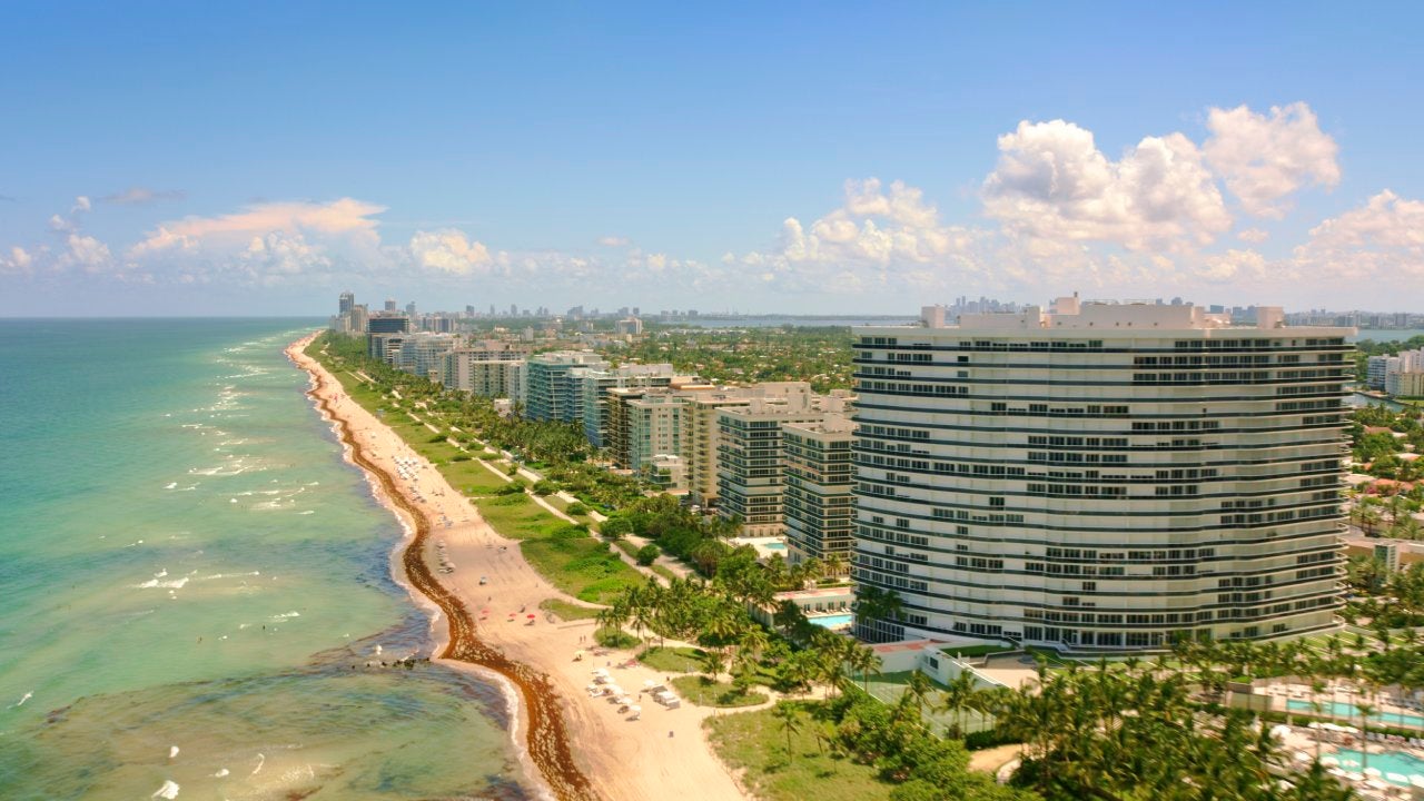 Aerial view of Sun Harbour Boutique Hotel in Surfside, Miami-Dade County, Florida, USA.