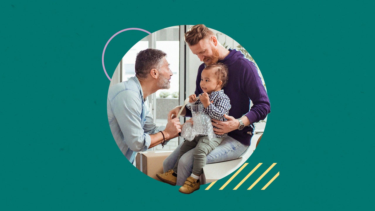 Illustrated design featuring two fathers and their young child