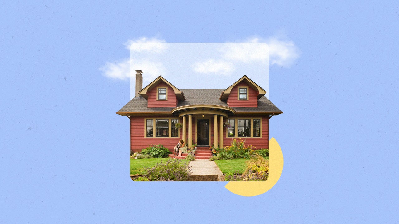 Illustrated collage featuring a house with clouds above