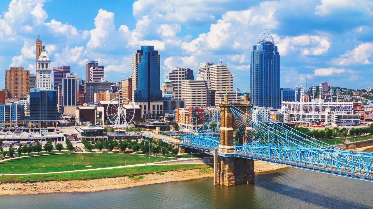 Cincinnati Ohio skyline with John Roebling bridge aerial view