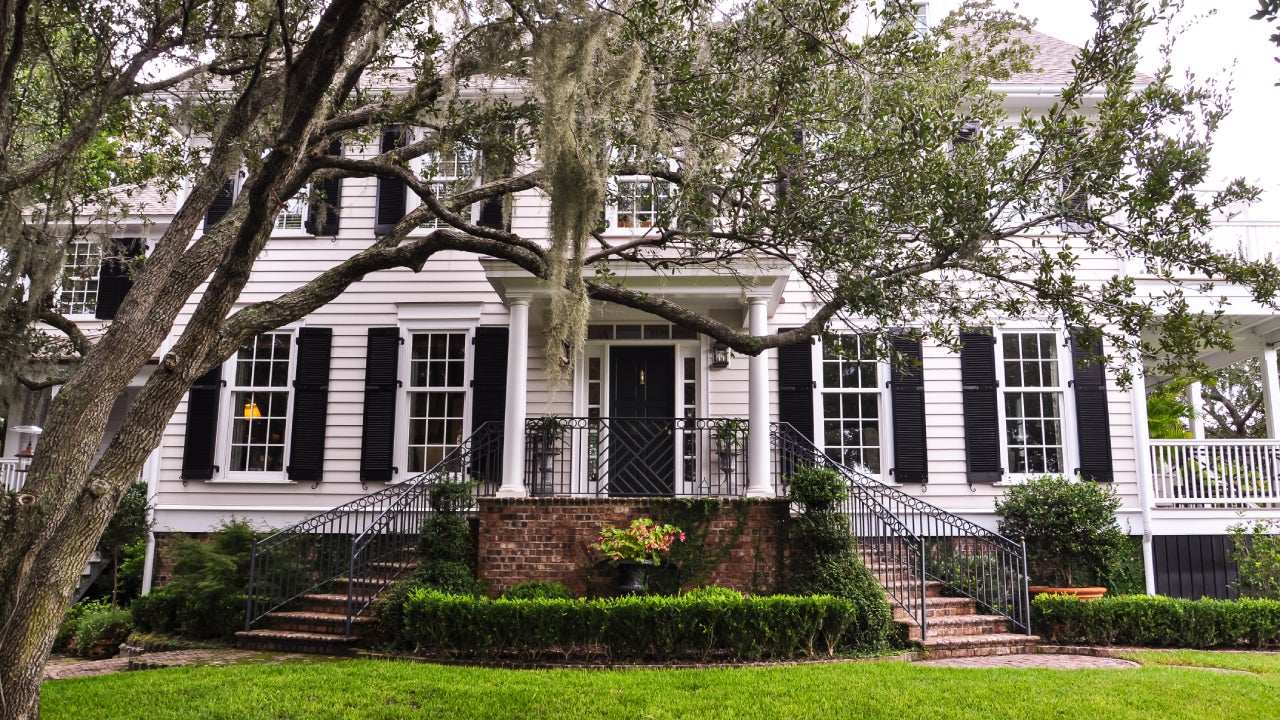 white southern mansion with chokeweed laden tree