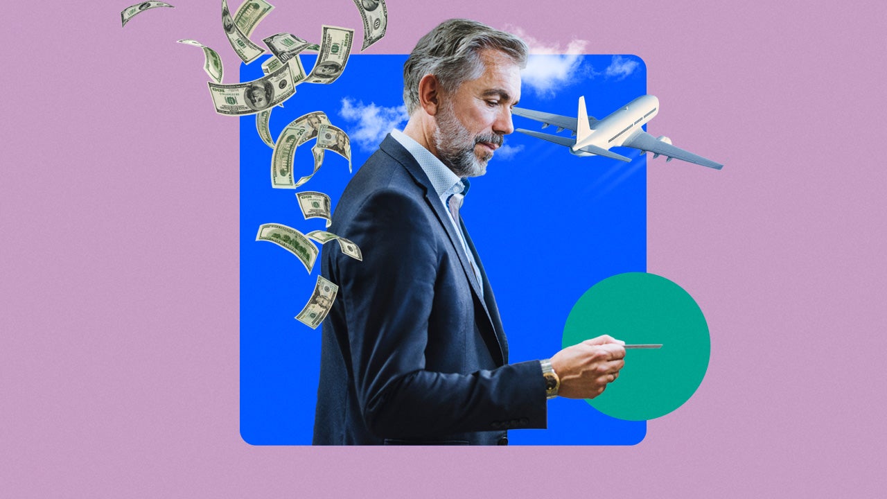 design element a violet background with a foreground of an older male in a suit holding a card in his hand with an airplane in the upper right corner and money descending behind him