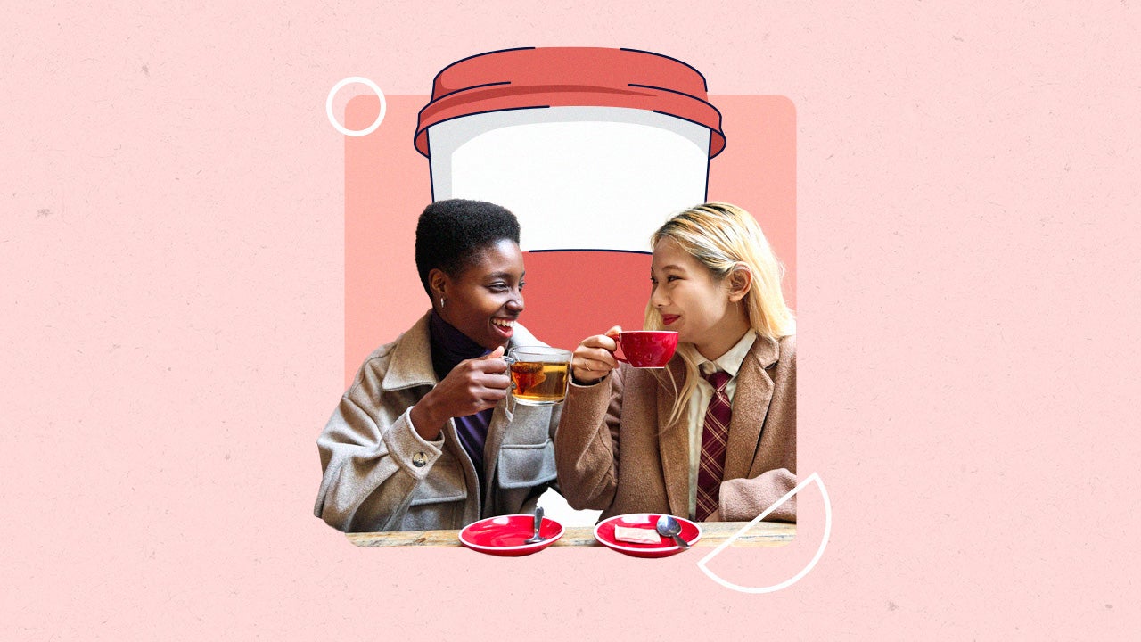 Illustrated collage featuring two people drinking coffee together