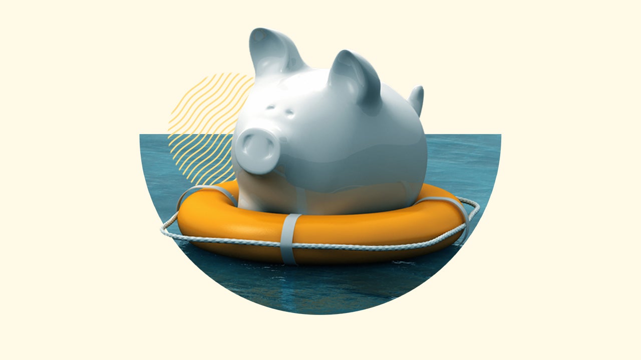 A piggybank floating on a liferaft