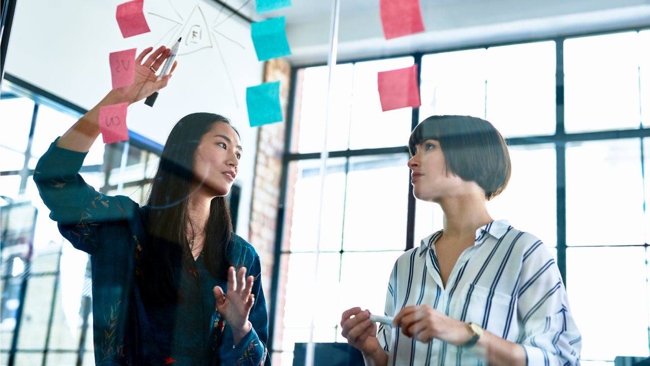 Businesswoman explaining diagram to coworker