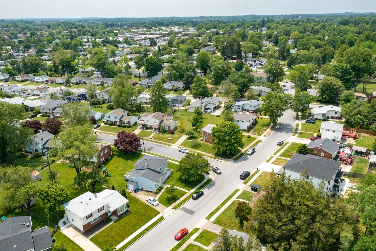 aerial view of suburban homes in pikesville maryland