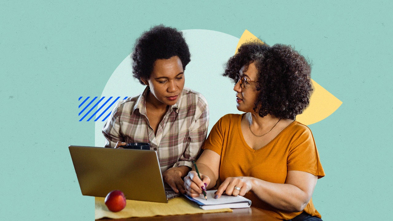 design image of two women looking at a laptop and with a pen and notepad