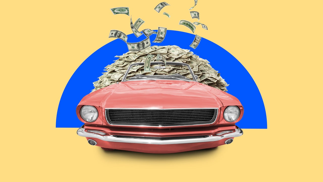 A red car covered in American dollars. It is in front of a bright blue half circle on a yellow background.