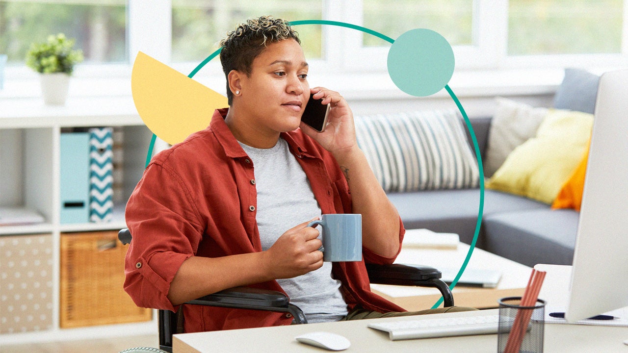 design image of an African American woman in wheelchair talking on phone at home