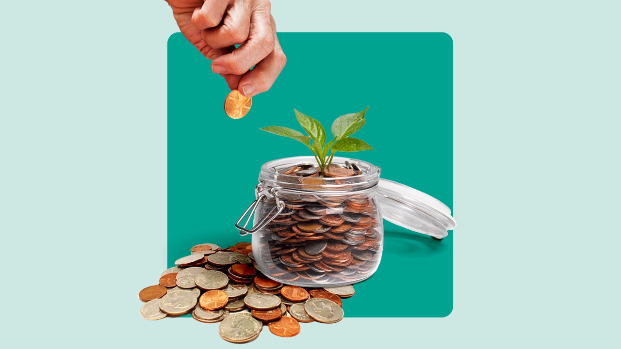 Whimsical illustration of a plant growing out of a jar full of coins