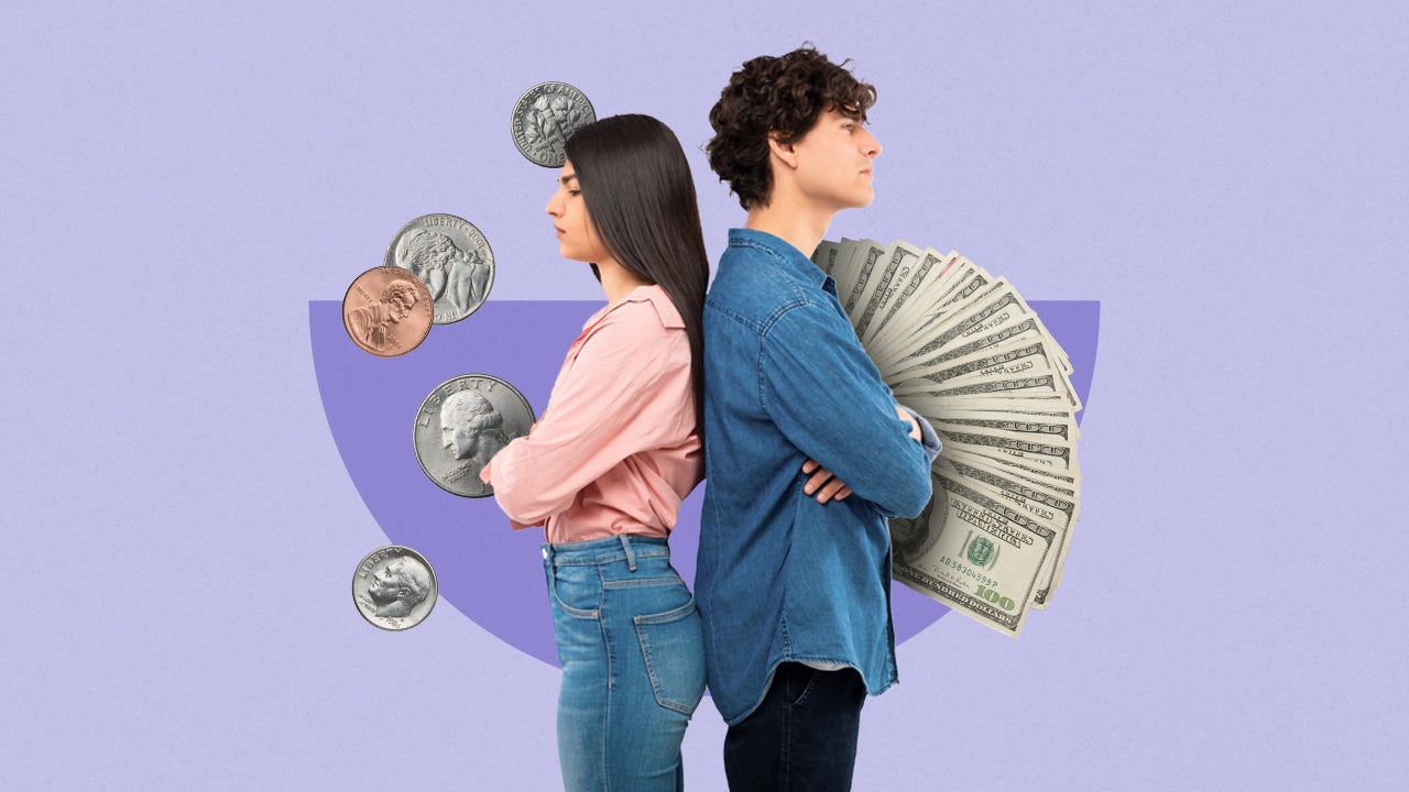 Woman and man standing back to back, spare coins on the side of the woman and large value bills on the side of the man