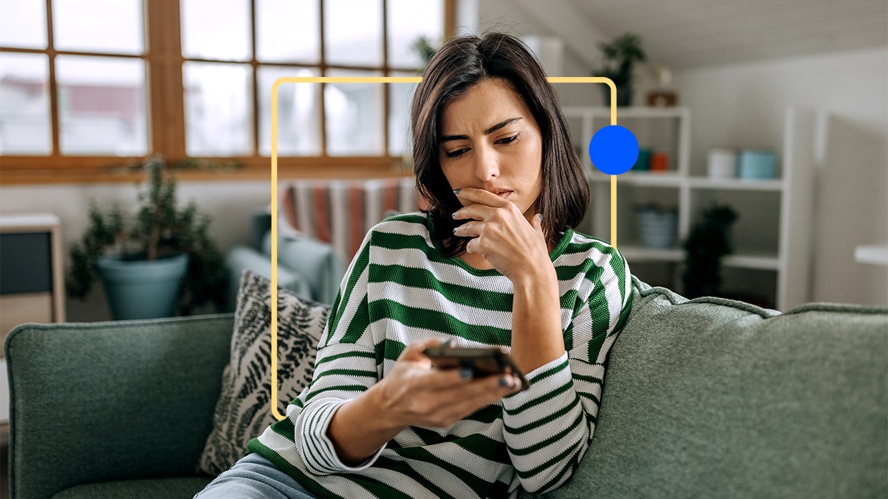 design element including a woman thinking while sitting on a couch and on her phone