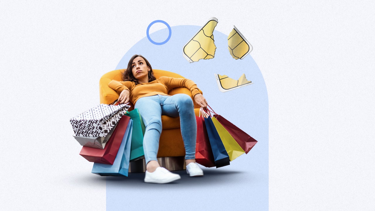 design element including a woman slouched on a cushion chair with shopping bags and a broken card chip in the air