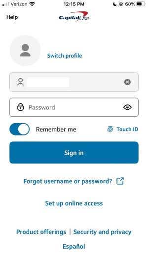 Capital One mobile app login screen