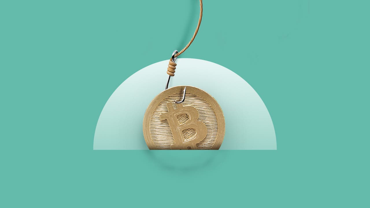 A physical representation of a bitcoin on a fishing hook.