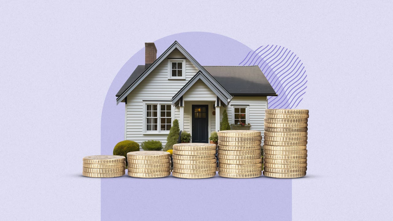 photo illustration of small house with stacks of coins in front