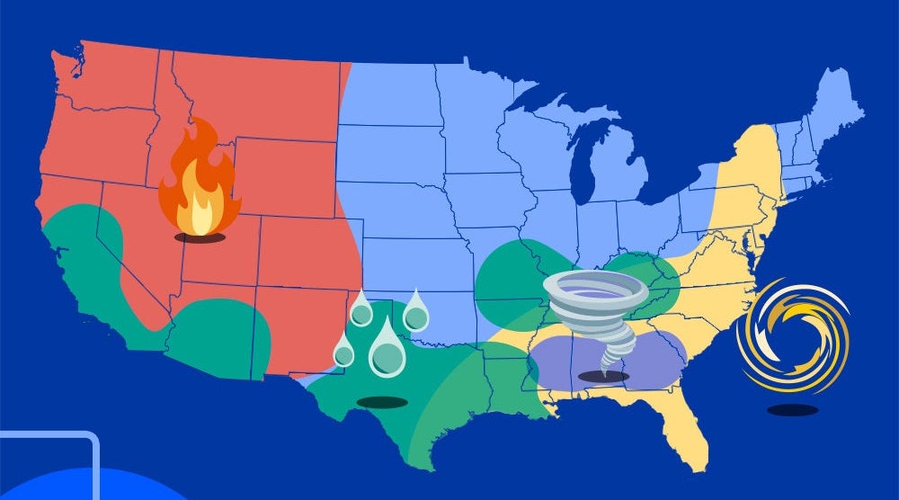 Graphic of the United States with common natural disasters highlighted in their associated regions
