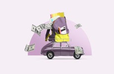 A small car loaded down by a comically large bag of cash