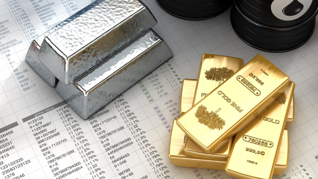 Silver, gold ingots with oil barrels on fictitious financial data