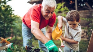 Grandfather and grandson in garden